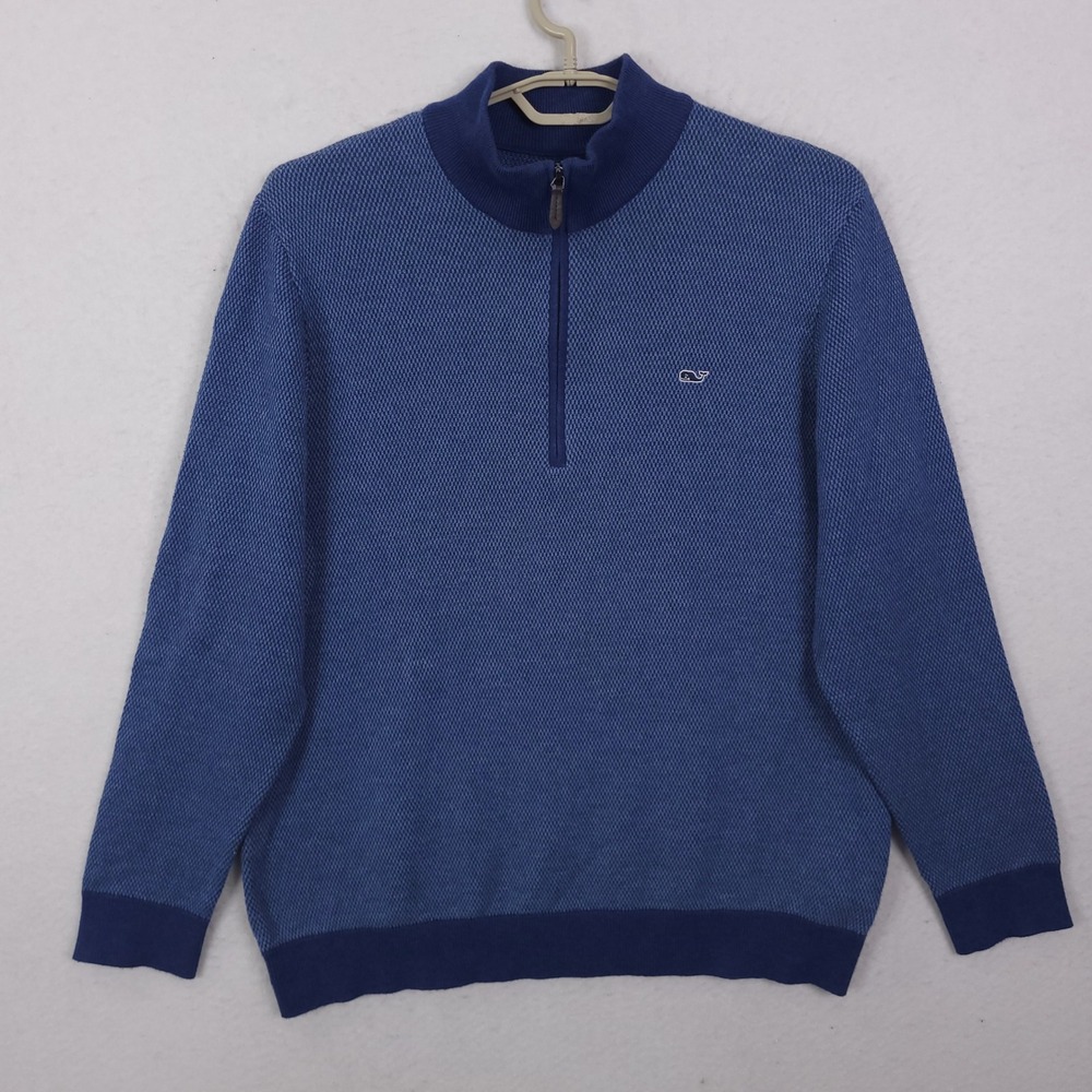 Vineyard Vines 1/4 Zip Sweater Mens L Blue Cotton Wool Blend 1E001020 Textured